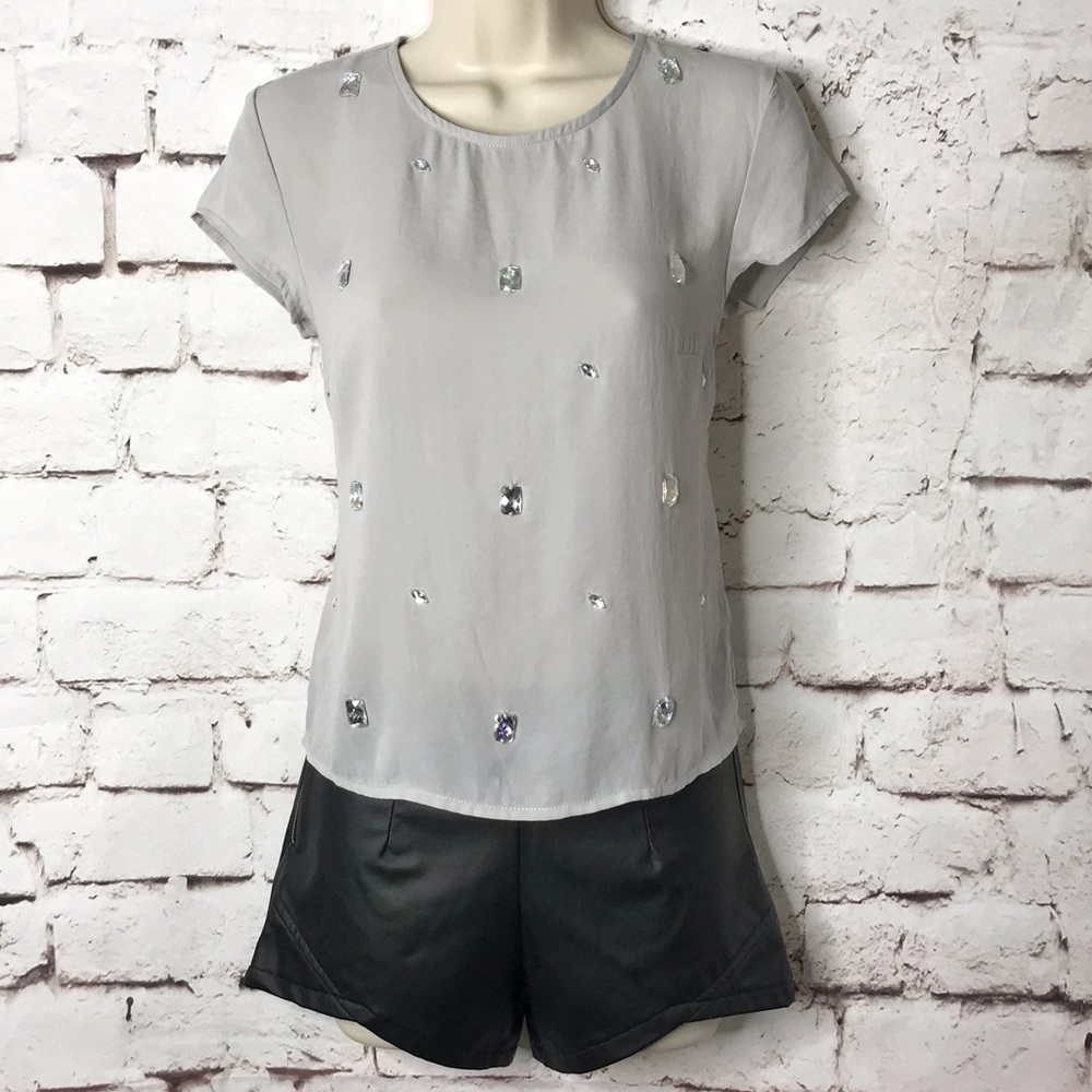 H&M DIVIDED sheer grey top with clear crystal embellishments short sleeve Size 2